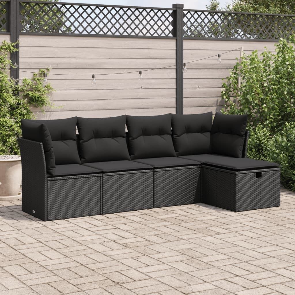 Eleganter Möbel 5-tlg. Garten-Sofagarnitur mit Kissen Schwarz Poly Rattan - Gartenmöbelgarnituren 3667927