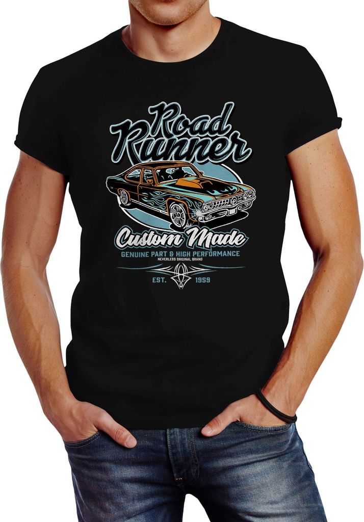 Herren T-Shirt Roadrunner American Muscle Car Tuning Retro Sports Car Vintage Motiv Slim Fit Neverless schwarz 4XL