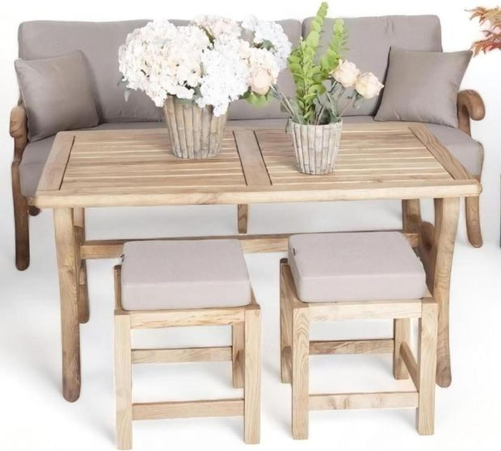 Stilvolle Set Gartenmöbel Sofa 3 Sitzer Sitzgruppen 2x Hocker Holz Esstisch