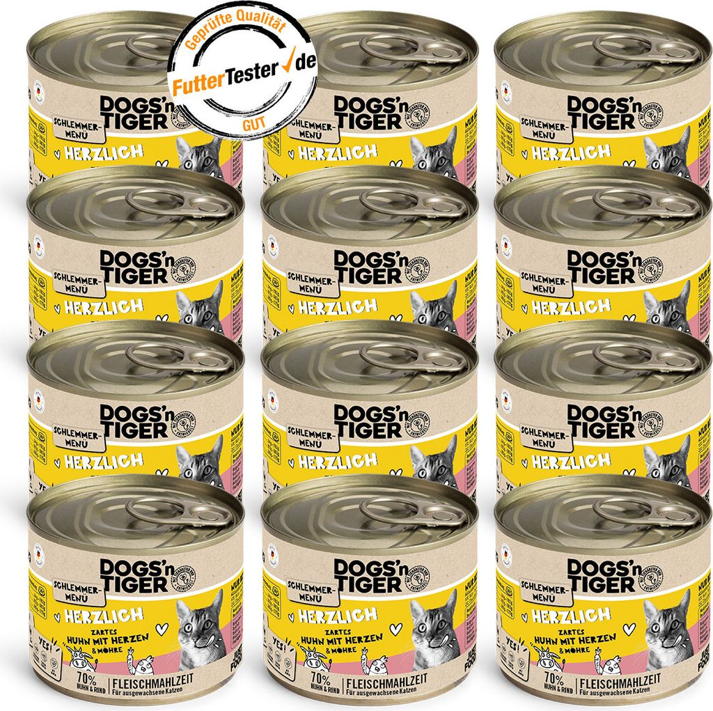 Dogs’n Tiger Adult, Katzenfutter, Herzlich, Katzen Nassfutter, Getreidefrei, Huhn, Rinderherzen & Karotte, 12x200g