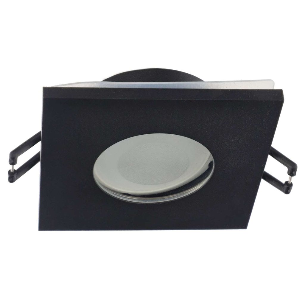 A black square recessed spotlight with a circular frosted glass lens.