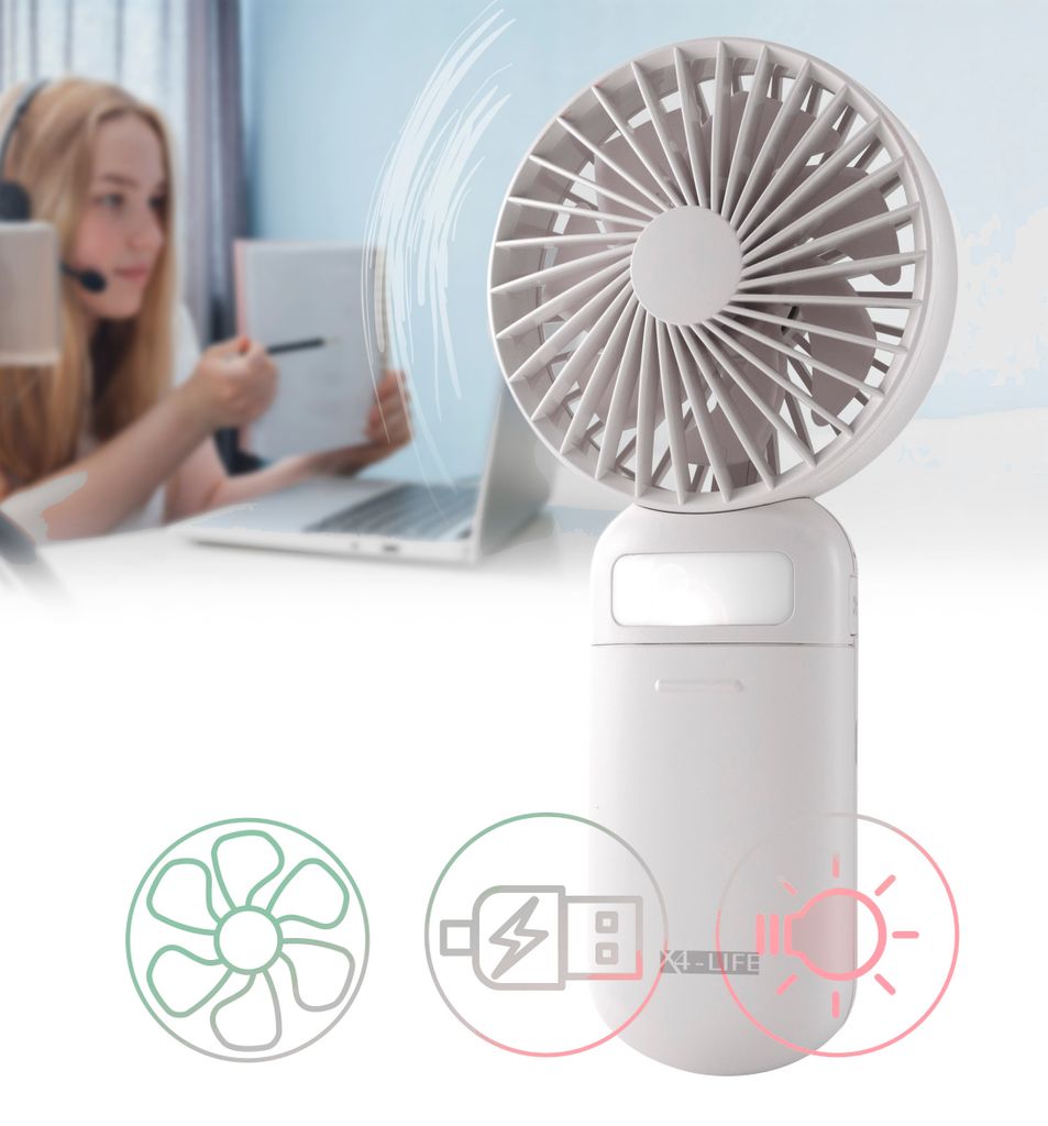 X4-LIFE Mini Handventilator Mit Spiegel & LED-Licht, USB-aufladbar, 3 Stufen, 8h Laufzeit, Weiß