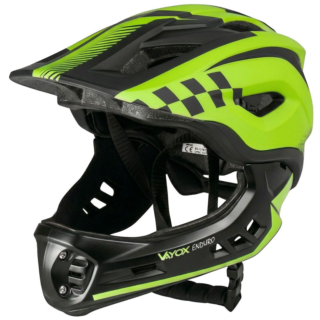 Vayox Fahrradhelm Enduro VA0421GM Verstellbar von 54 bis 58 CM - Größe M - mit abnehmbarem Kinnschutz - Schwarz/Grün
