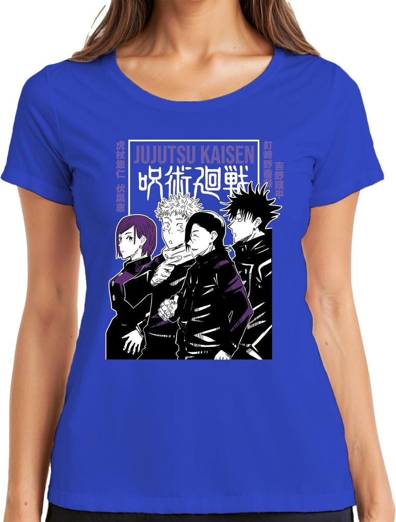 Jujutsu Kaisen Manga Anime Ästhetik Charaktere Schwarz Lila Retro Damen T-Shirt, Blau, M