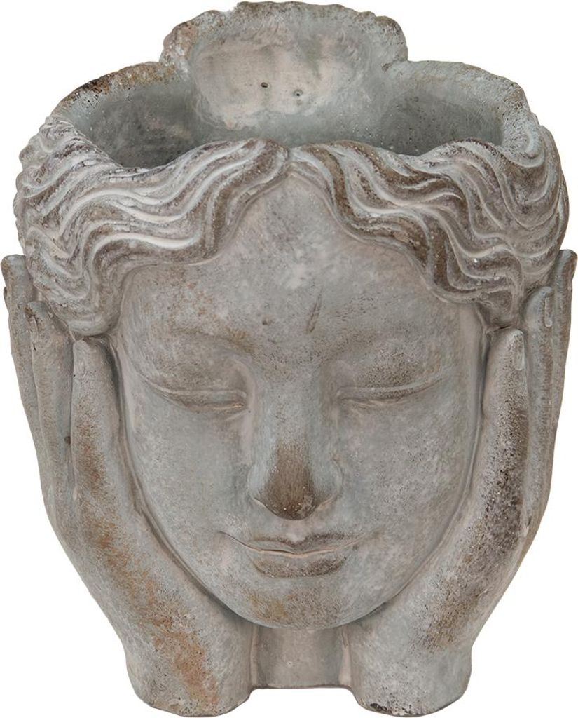 Clayre & Eef Blumentopf Kopf 14x16x17 cm Grau Stein Hände Produktbild 