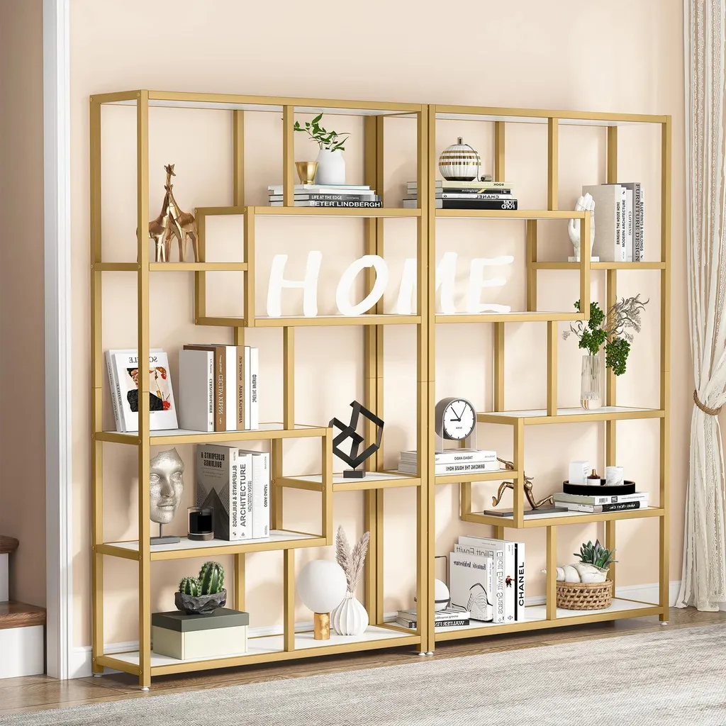 Bibliothèque à 5 étagères dorée 180 cm avec 8 compartiments ouverts
