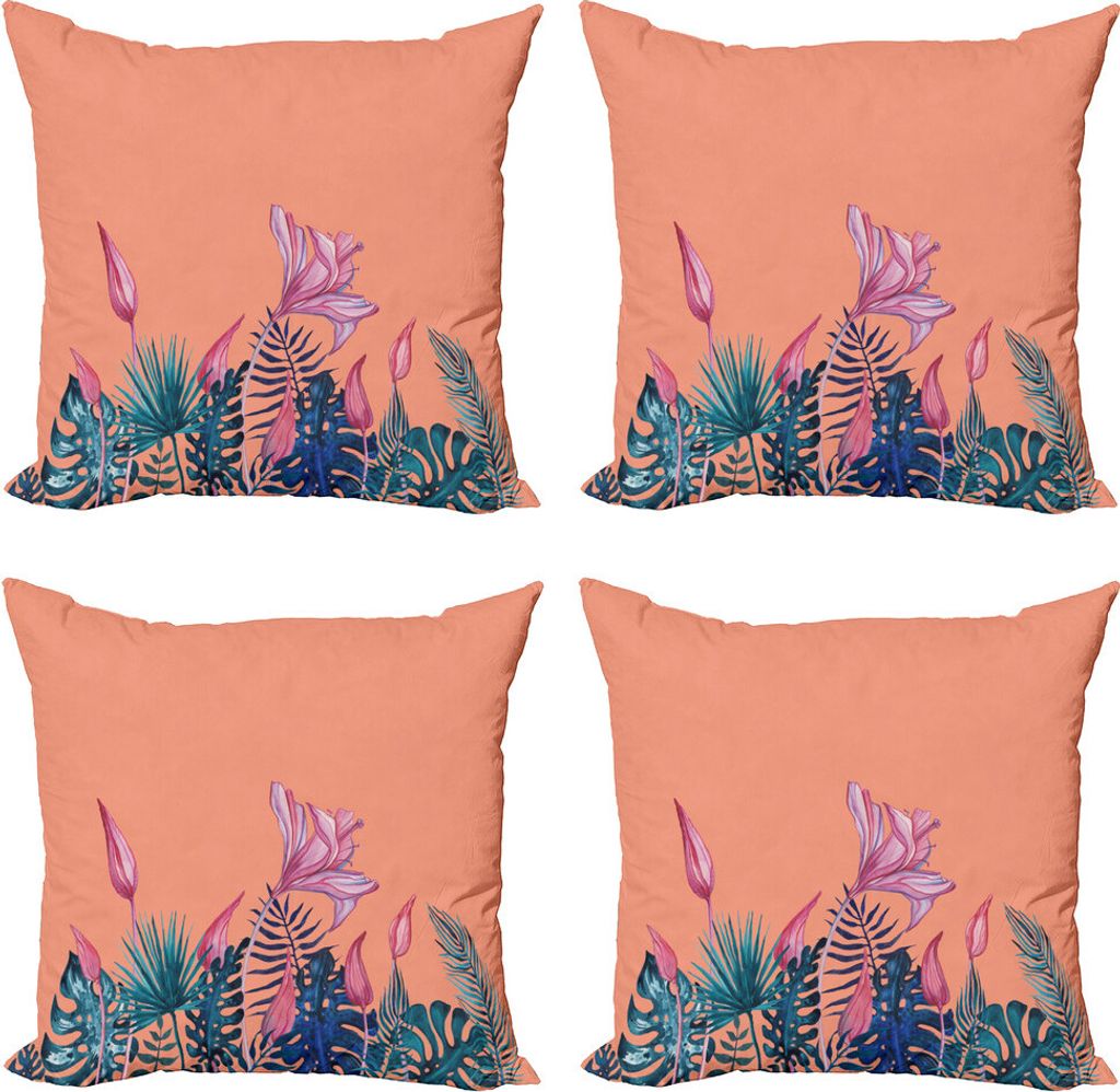 ABAKUHAUS Blumen Kissenbezug Set (4 Stück), Exotische Monstera Blumenkunst, Moderner Doppelseitiger Digitaldruck, 50 cm x 50 cm, Salmon Multicolor