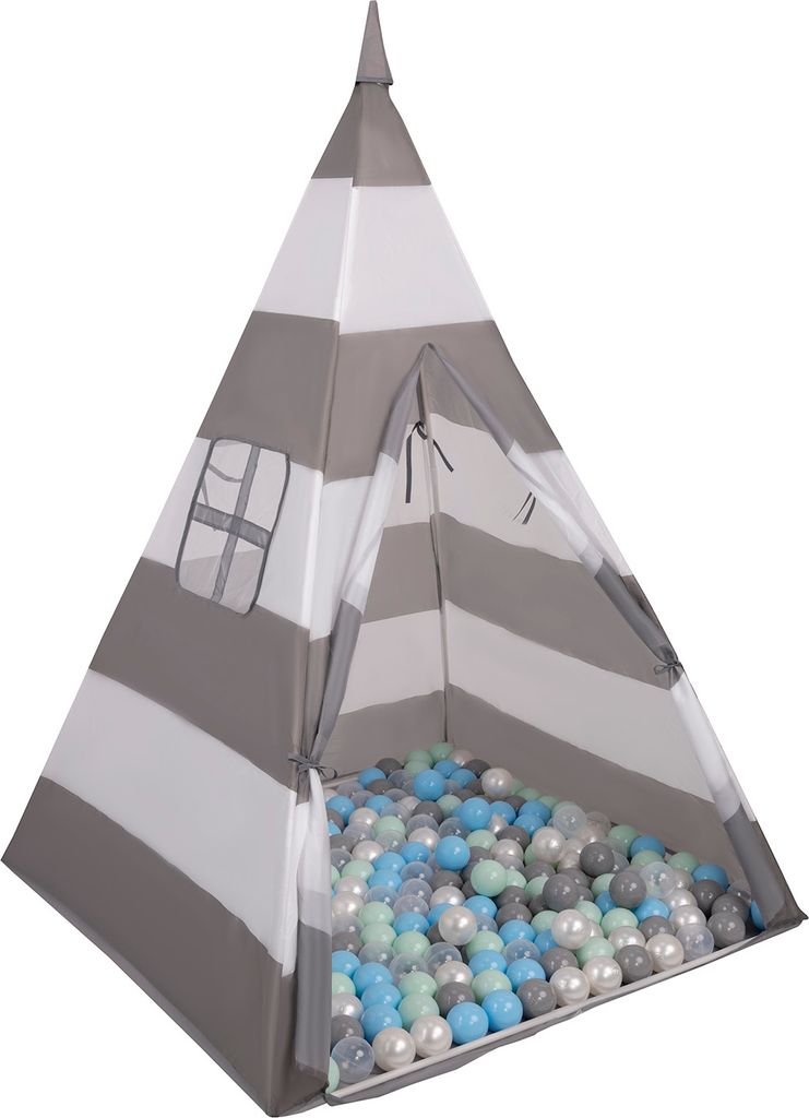 Selonis Tipi Spielzelt Mit 900 Bälle 6 Cm zelt Für Kinder, Grauweißstreifen:Perle/Grau/Transparent/Bblau/Mint