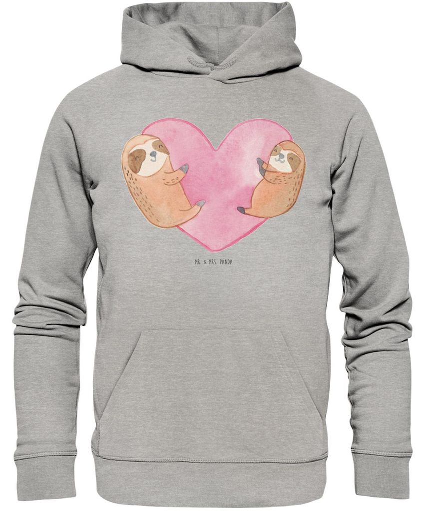 Mr. & Mrs. Panda Organic Hoodie Faultiere Herz Größe XS - Heather Grey - Geschenk, Hochzeitstag, Valentinstag, für Partner, Kapuzenpulli, Hoody,...