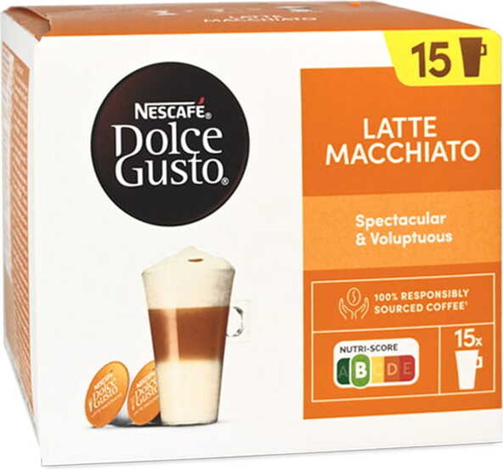 A box of Nescafé Dolce Gusto Latte Macchiato coffee capsules.