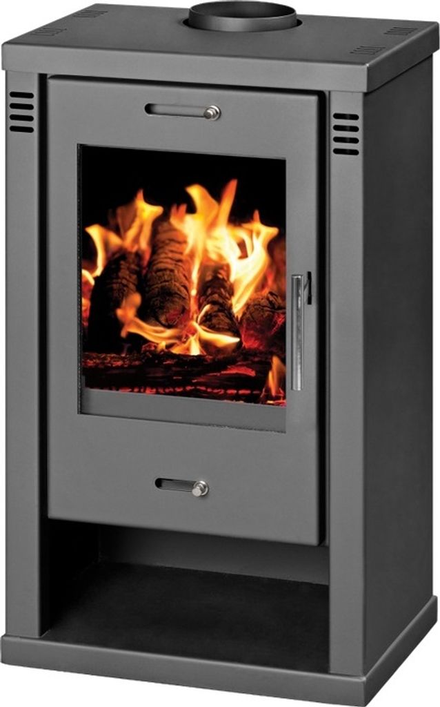 A gray wood-burning stove with a glass door showing burning logs.
