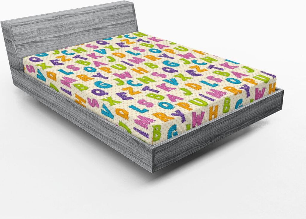 ABAKUHAUS ABC Spannbetttuch, Nette lustige Buchstaben im lebhaften Farbkarikatur-Art ABC-Alphabet auf Tupfen-Hintergrund, 150 x 190 cm, Mehrfarbig