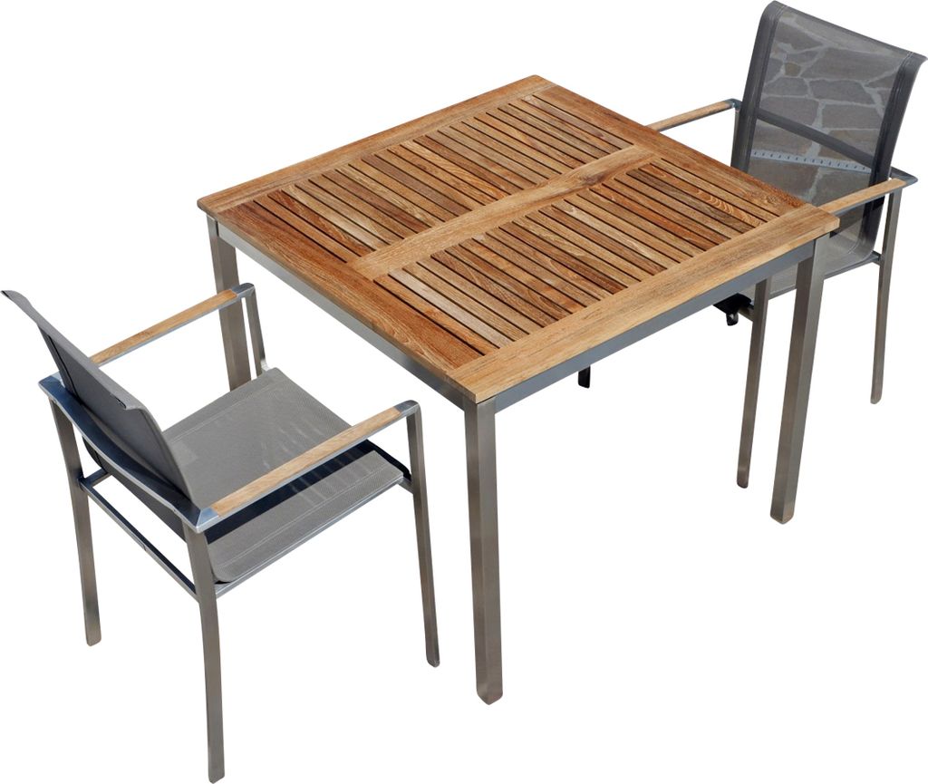 ALEOS. Gartengarnitur Gartenstühle und Tisch Sitzgruppe aus Edelstahl 3-teilig Batyline Bespannung massives A-Grade Teak Holz Set: Tisch 90x90 cm ...