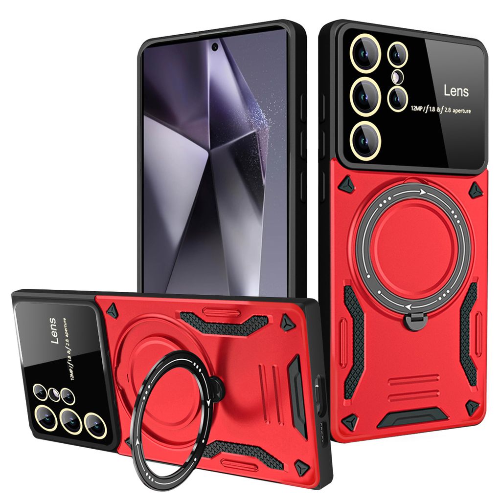 Rüstung Handyhülle für Samsung Galaxy S25 Ultra Dual-Layer Ringhalter Ständer Hülle Rot