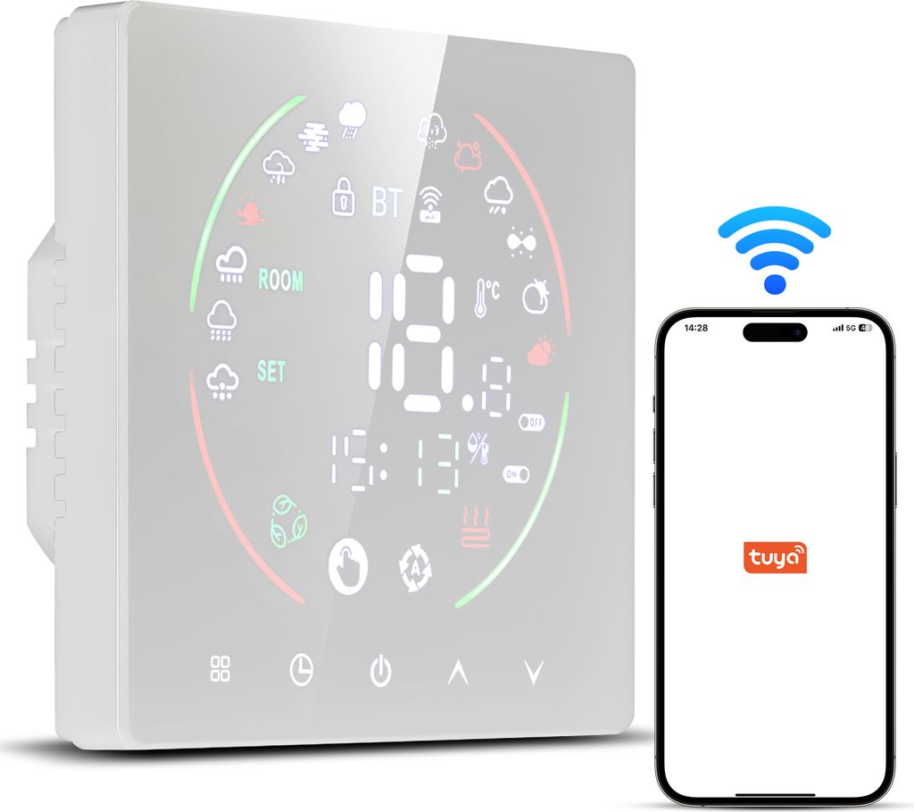 Smart Tuya WiFi Thermostat Raumthermostat für 16A Elektrische Heizung Fussbodenheizung,Programmierbarer Temperaturregler LCD Wandthermostat, Weiß