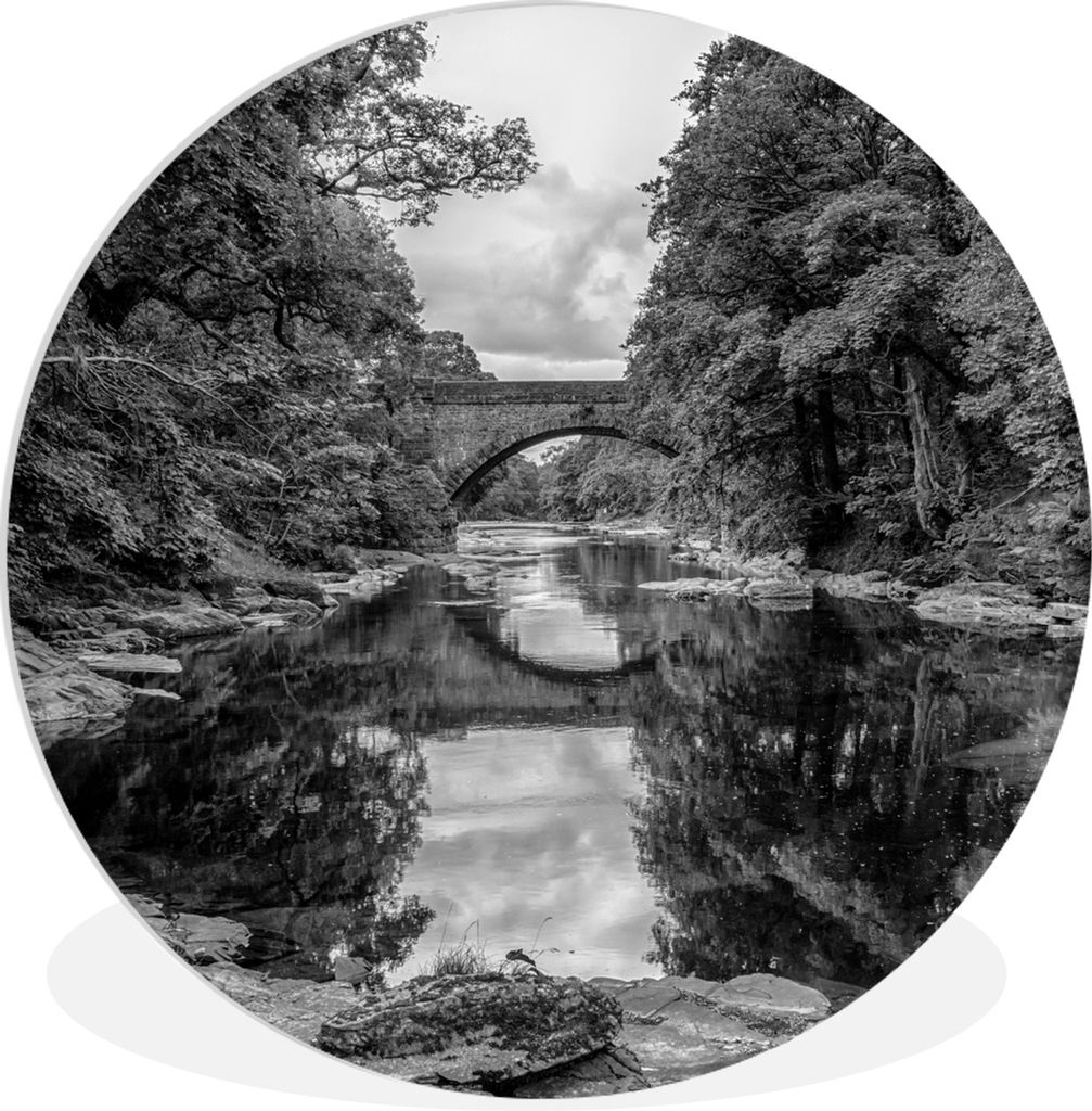 MuchoWow Rundes Wandbild - Runde Bilder Ein Steinbogen an einem Fluss - schwarz und weiß Ø 30 cm Kreis Wanddekoration Kunststoff - Wandkreis - ...