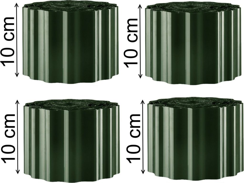 Four rolls of green garden edging are shown in a grid layout against a white background.