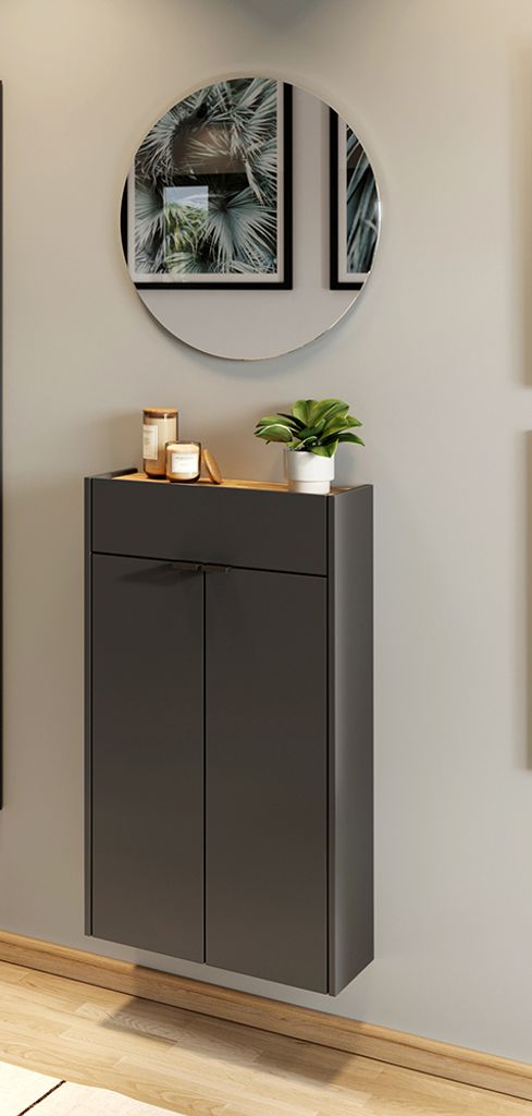 Garderobe Flurgarderobe schmal in grau mit Eiche ABERDEEN-01 modern 2-teilig mit Schuhschrank und Spiegel