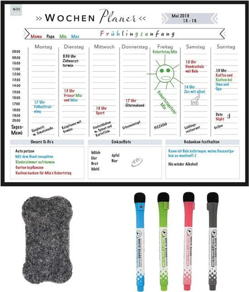 Planning hebdomadaire magnétique pour frigo et tableau blanc pack de 5