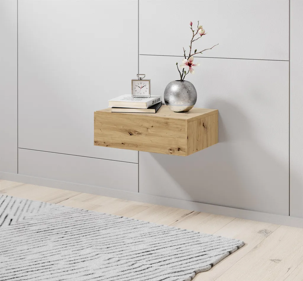 Meuble de chevet suspendu Thorben chêne artisan pour un ménage facile