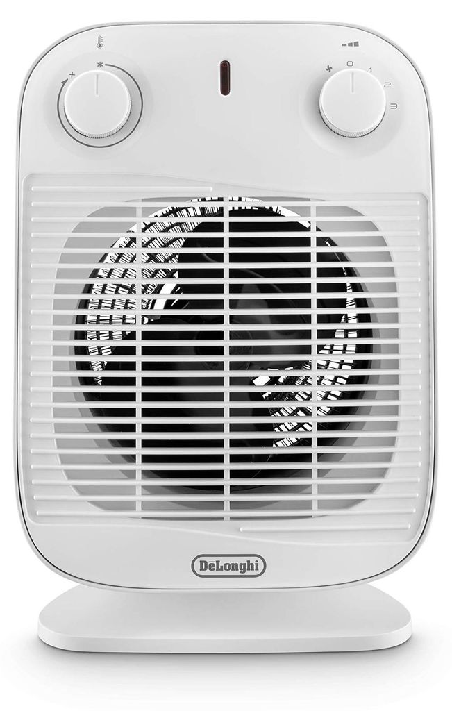 A white De'Longhi fan heater is shown from the front on a white background.