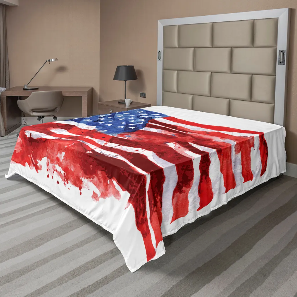 ABAKUHAUS Lenzuolo americano, bandiera degli Stati Uniti, simbolo dell'indipendenza nazionale, arte astratta, lenzuolo morbido e confortevole per un letto decorativo, 1 pezzo, 260 cm x 228 cm, rosso, blu, bianco