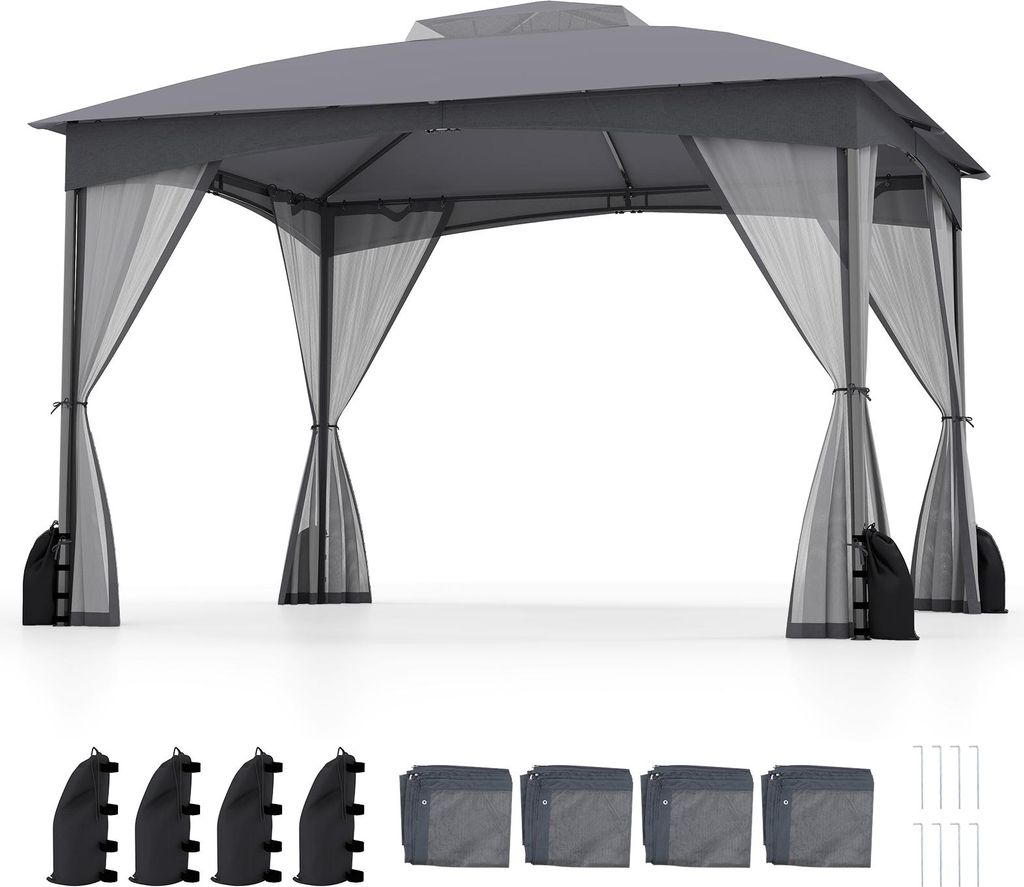 COSTWAY Pavillon 3x3,6m, Gartenpavillon mit 4 Sandsäcken, 4 Moskitonetz, Doppeldach & Tragetasche, Partyzelt wasserdicht, stabil, winterfest Grau