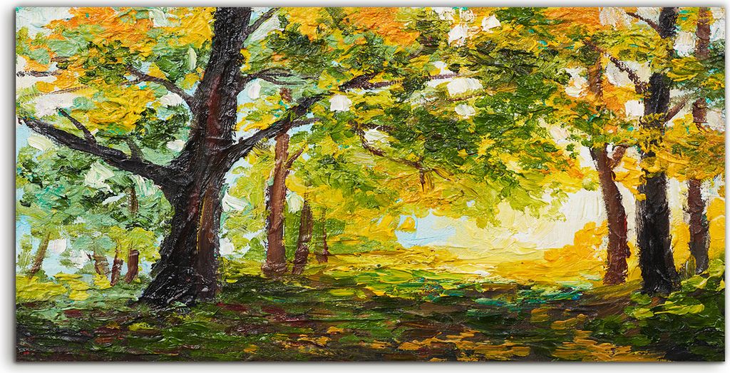 Coloray Spritzschutz aus Glas 100x50 Wandkunst Küchenrückwand Landschafts Wald Bäume Wald grün