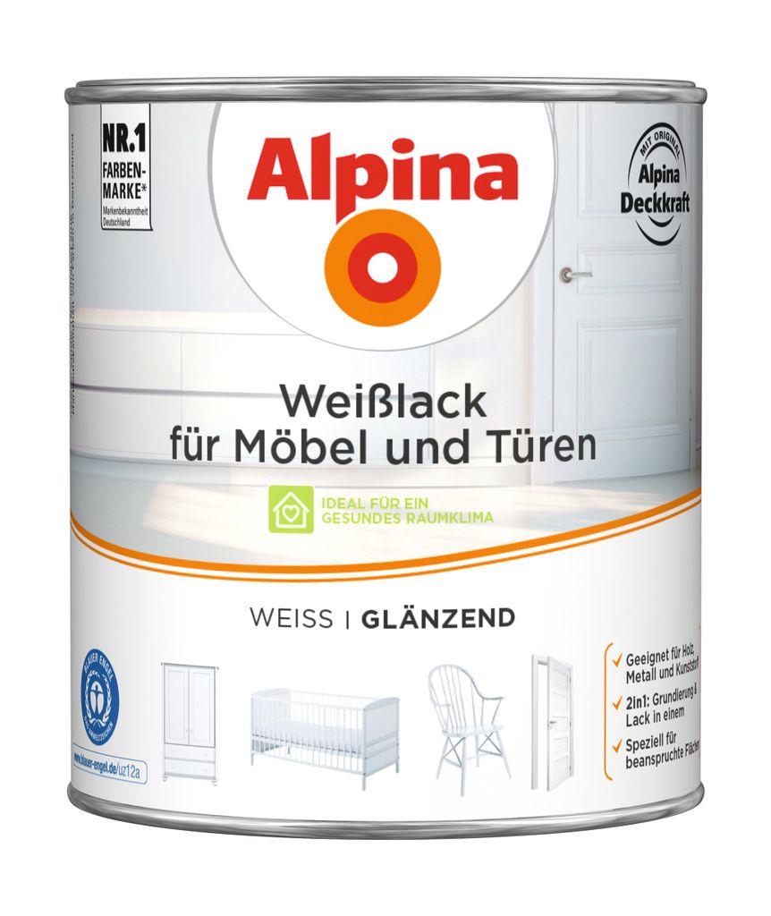 Alpina Weißlack für Möbel & Türen glänzend weiß 2 l Produktbild 