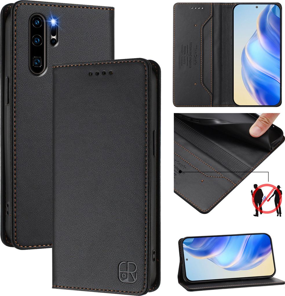 Lederhülle für Huawei P30 Pro Hülle Flip Brieftasche Kartenfächern Ständer Schutzhülle Schwarz