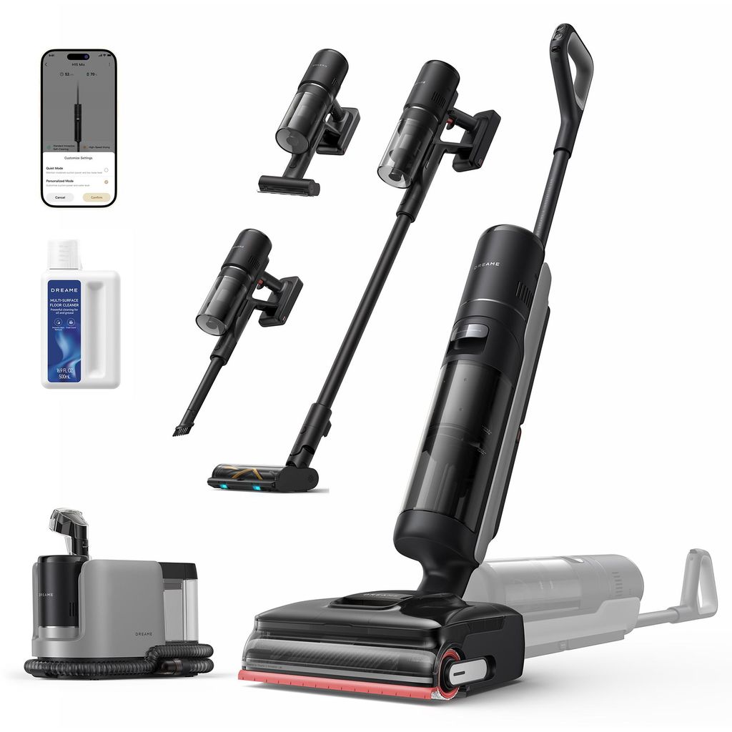 A collage of a wet and dry vacuum cleaner and its accessories, along with a smartphone app interface and a bottle of cleaning solution.