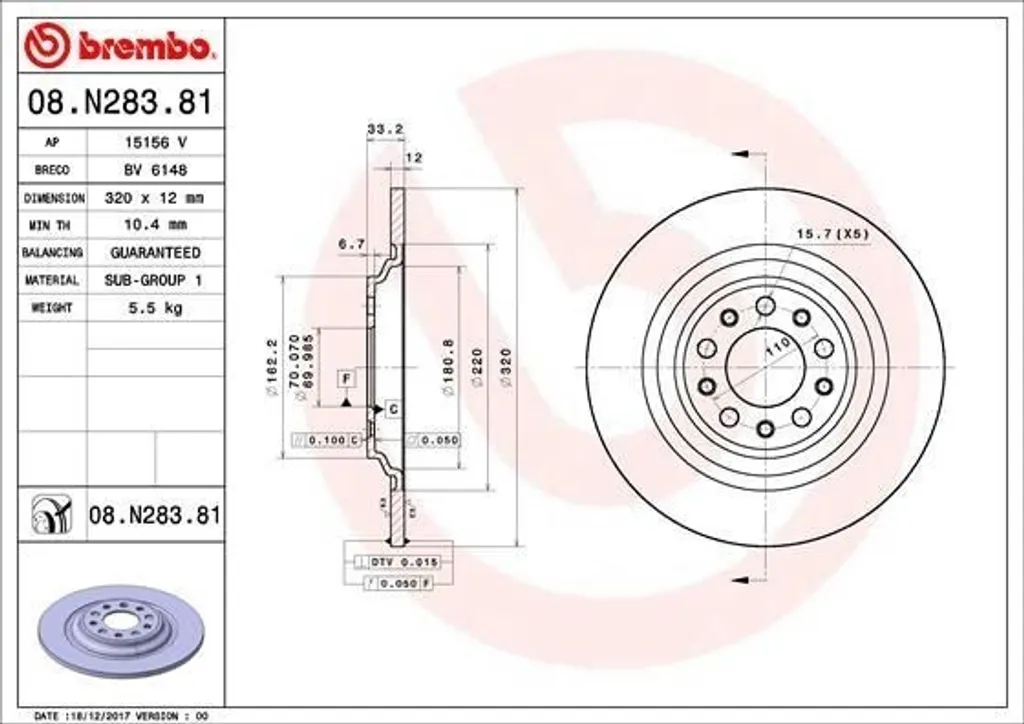 Disque de frein Brembo 08.N283.81 pour Jeep Cherokee KL (OE 4779886AB)