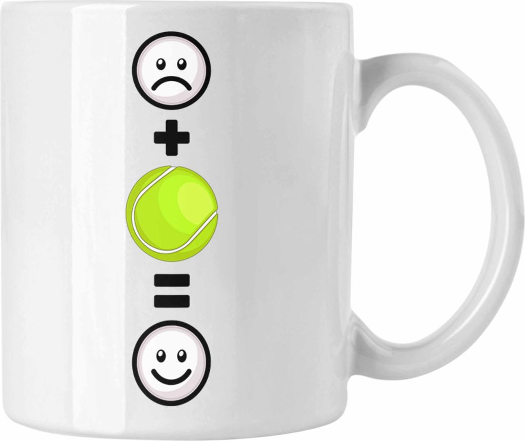 Trendation - Tennis Tasse Geschenk für Tennisspieler Männer Frauen Lustige Geschenkidee :( + Tennisball = :) Geburtstag (Weiß)