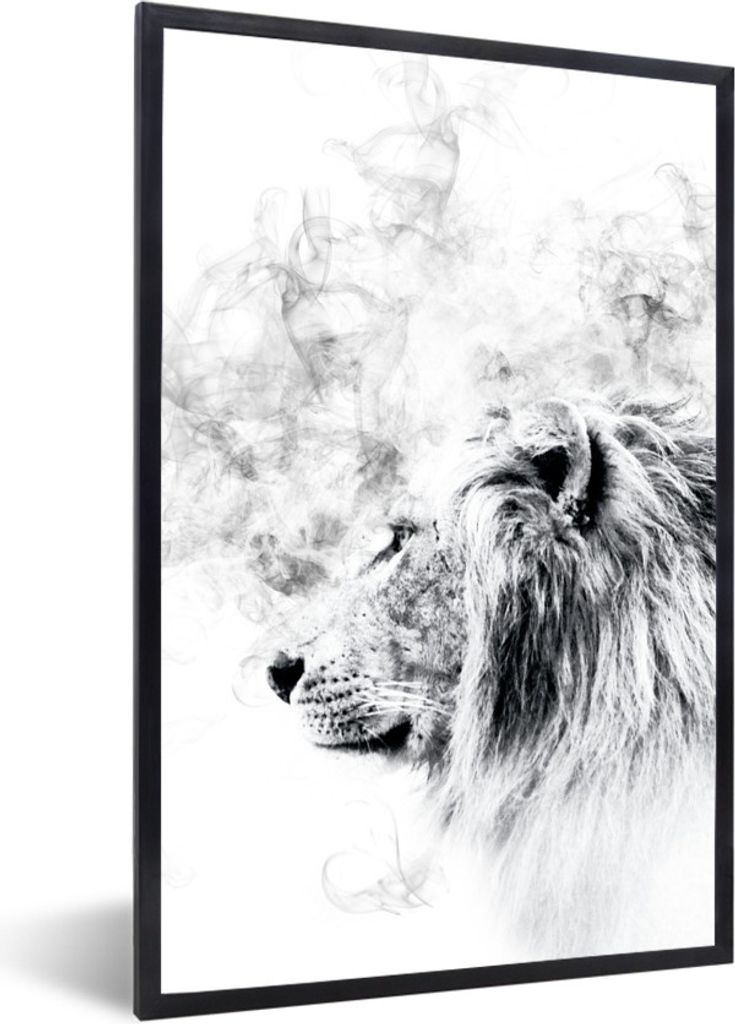MuchoWow MuchoWow Gerahmtes Poster Löwe - Rauch - Schwarz - Weiß 40x60 cm - Poster mit zchwarzem Bilderrahmen - Papierdruck - Wandbilder