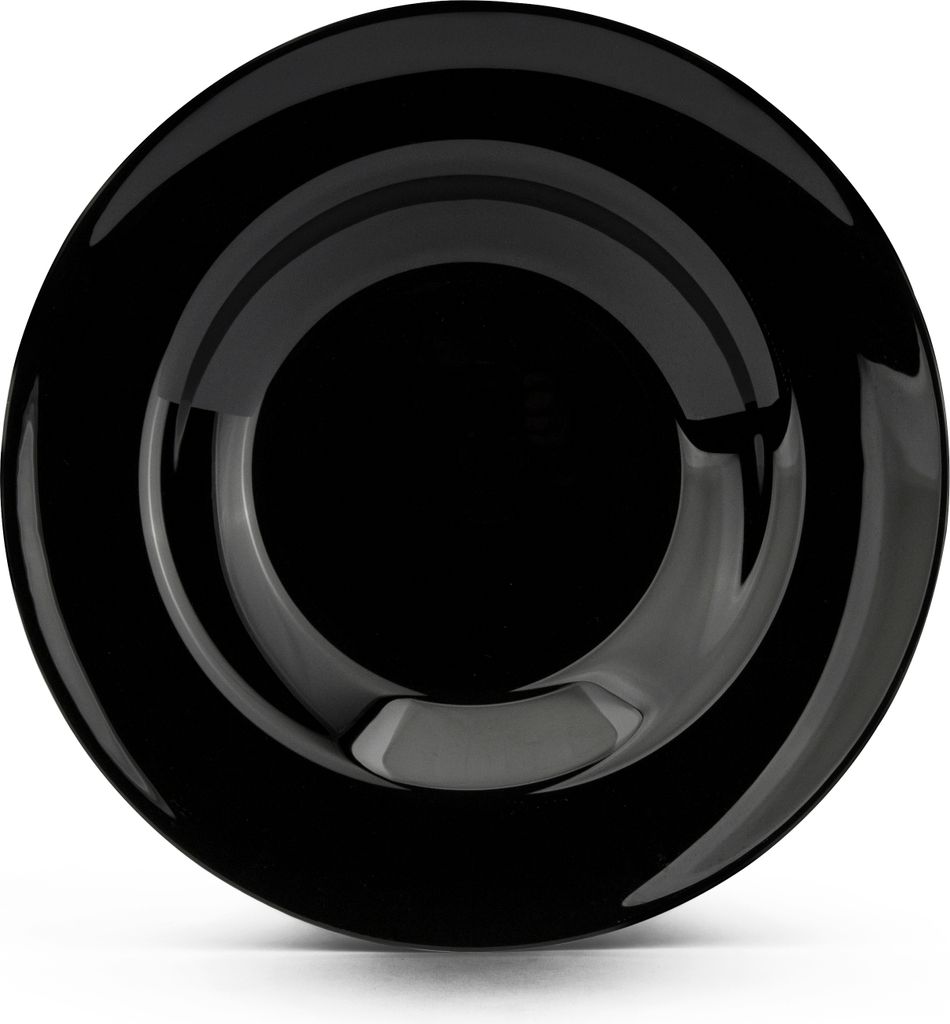A black pasta plate shown from a top-down perspective.