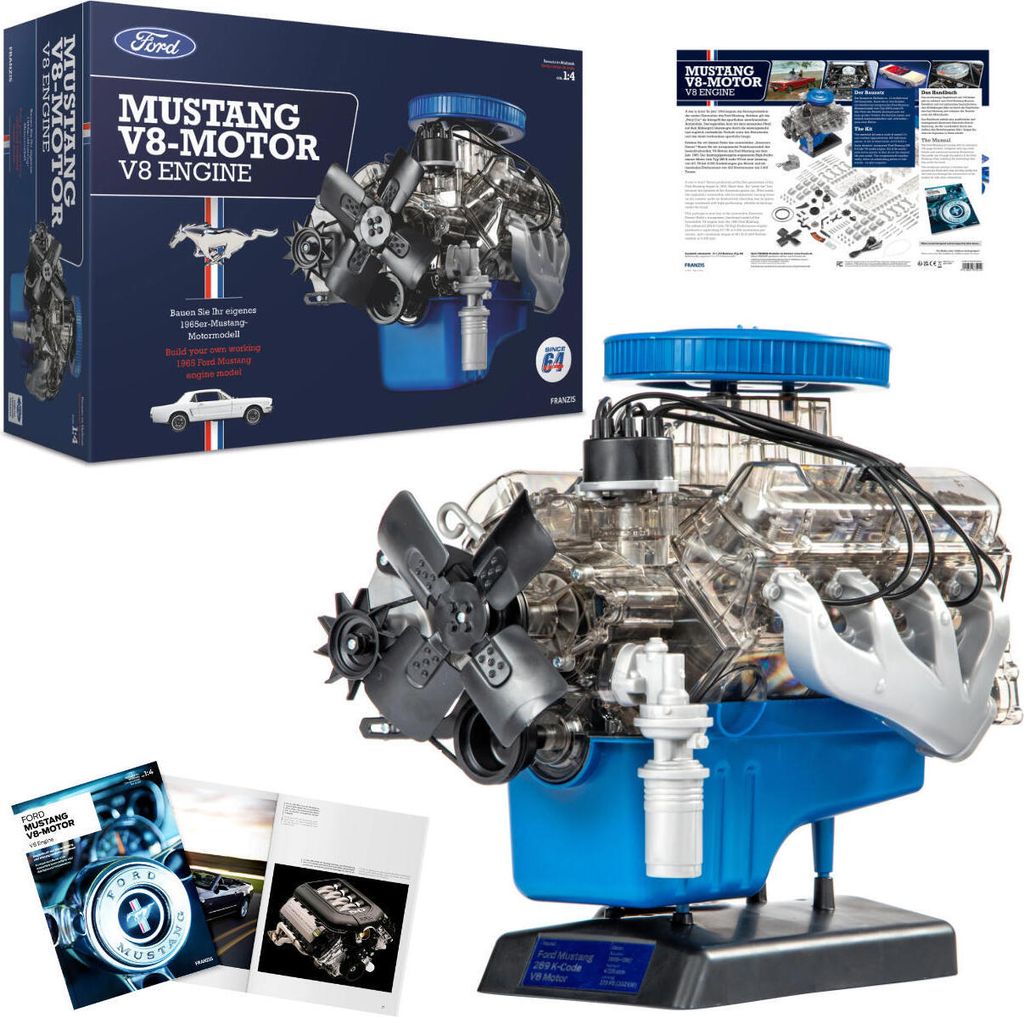 A collage of images showing a model V8 engine, its packaging, and instructional materials.