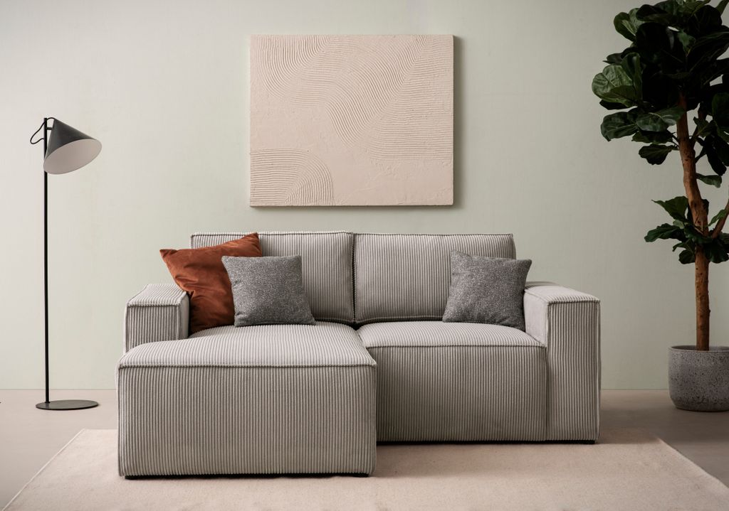 DOMO Collection Ecksofa 800 021, kleine Couch in L-Form mit Cordstoff, Modulsofa mit Taschenfederkern, Sofa, 198 x 172 x 85 cm (BxTxH), platin-grau