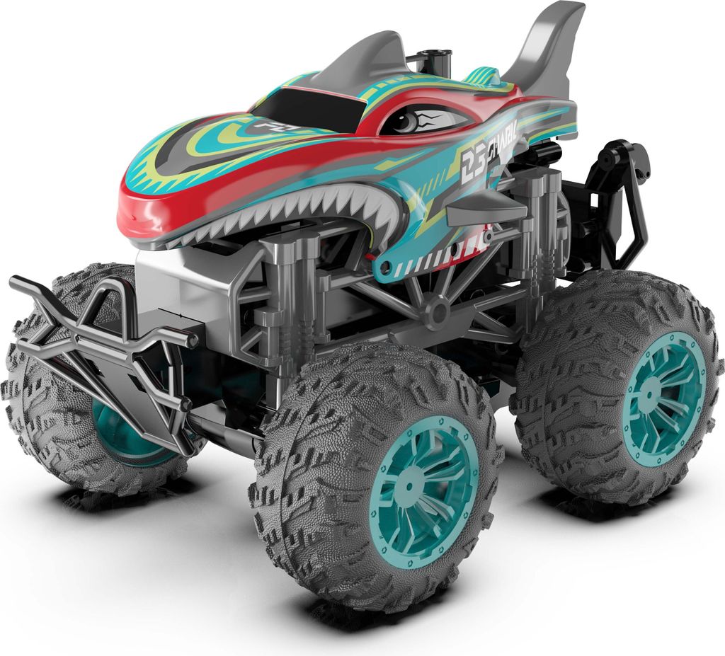 Northpoint Ferngesteuerte Autos Monstertruck Hai Türkis Spielzeug LED Licht echter Rauch Fernbedienung aufladbarem Akku wechselbare Cover