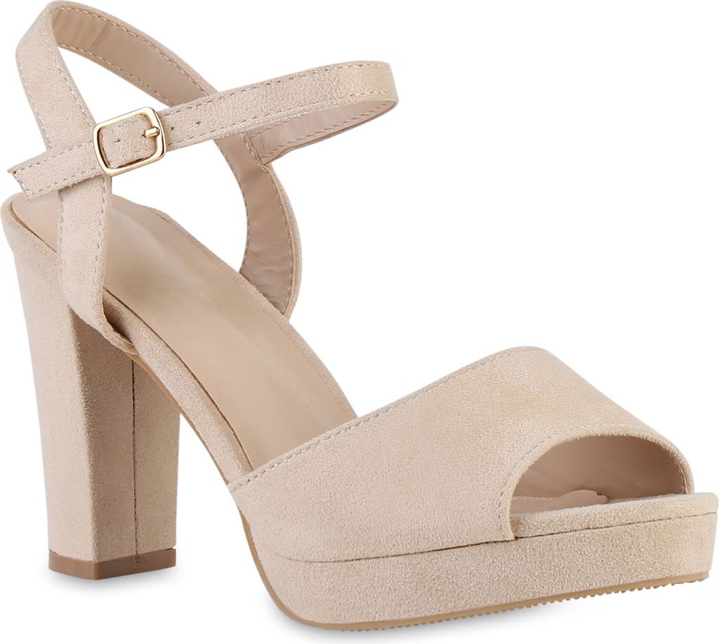 VAN HILL Damen Riemchensandaletten Sandaletten Plateau Vorne Absatz-Schuhe 841574, Farbe: Beige, Größe: 39