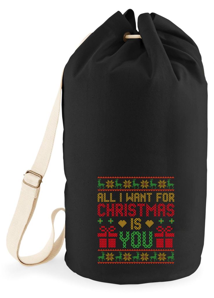 Huuraa Seesack Ugly Christmas All I want is you 20 Liter Black Baumwolle Rucksack Geschenkidee