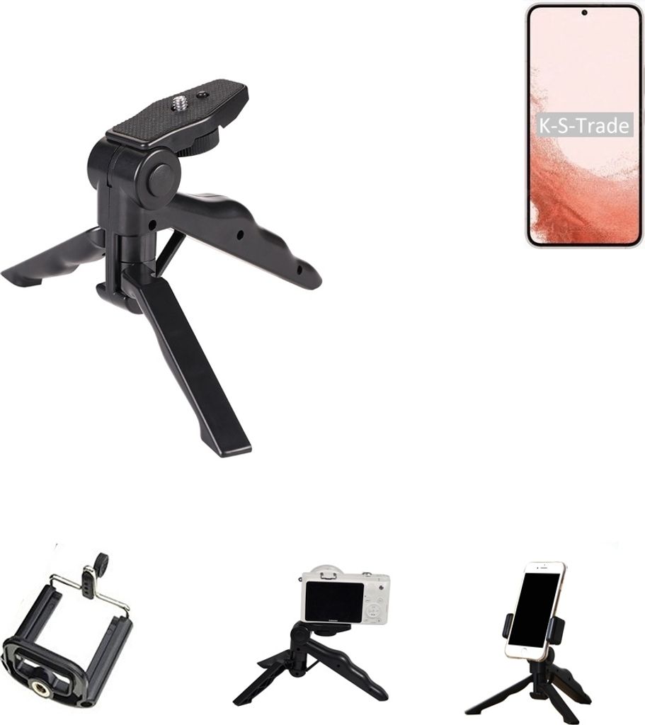 K-S-Trade Stativ Tisch-Ständer Dreibein Handy-Stativ Ständer kompatibel mit Samsung Galaxy S22 Exynos Mini-Stativ Smartphone Tripod Handy-Stativ aus