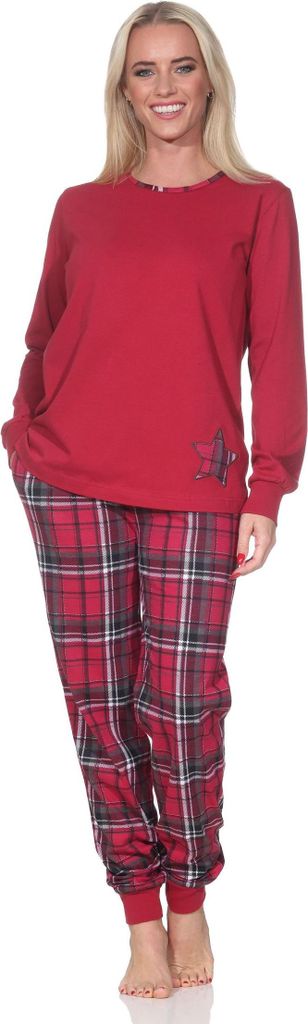 Damen Schlafanzug mit Bündchen mit Karohose und Stern als Motiv - auch in Übergrössen ; rot , 56