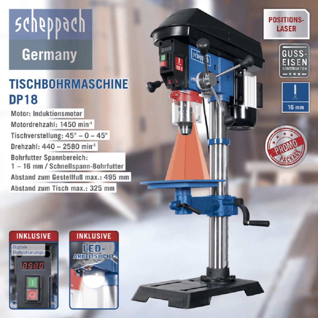 SCHEPPACH DP18 Ständerbohrmaschine Tischbohrmaschine Produktbild 3
