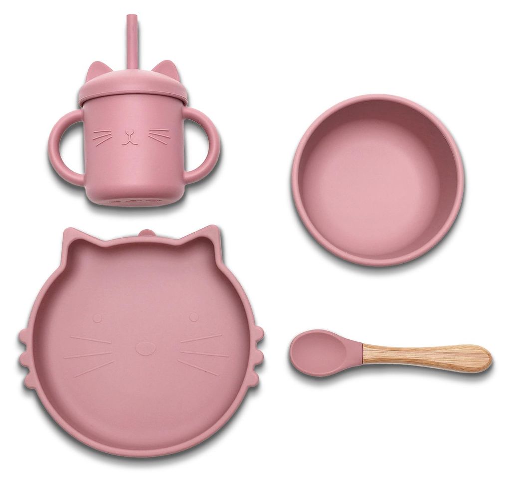 Lorelli Silicone Feeding Set 4 pc Silikon Fütterungsset mit Saugnapf Schüssel Teller Becher mit Strohhalm Löffel ab 6+ Monaten