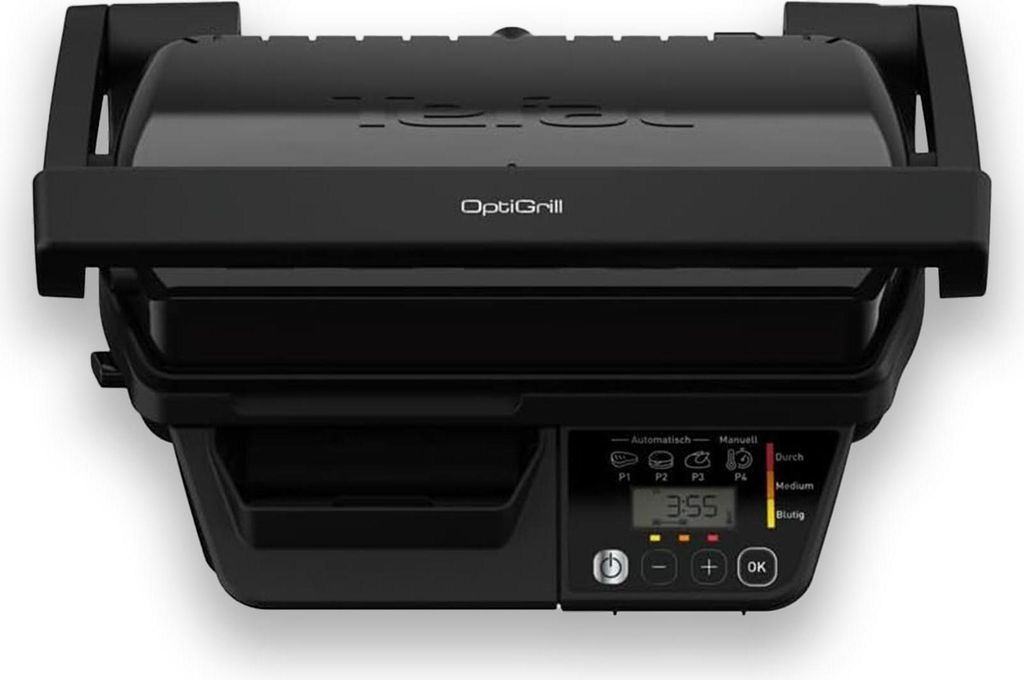 A top-down view of a black electric grill.
