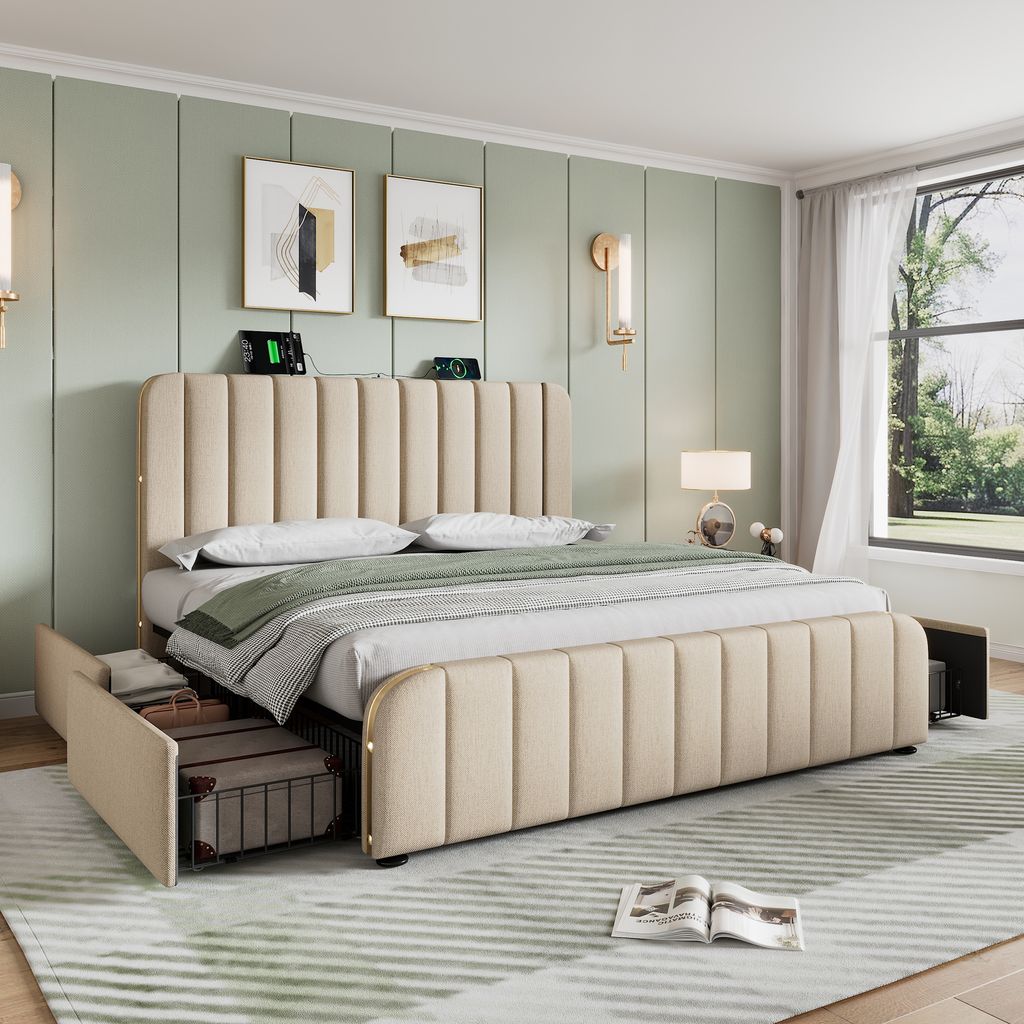 A bedroom scene featuring a beige upholstered bed with storage drawers, bedside tables, and wall art.