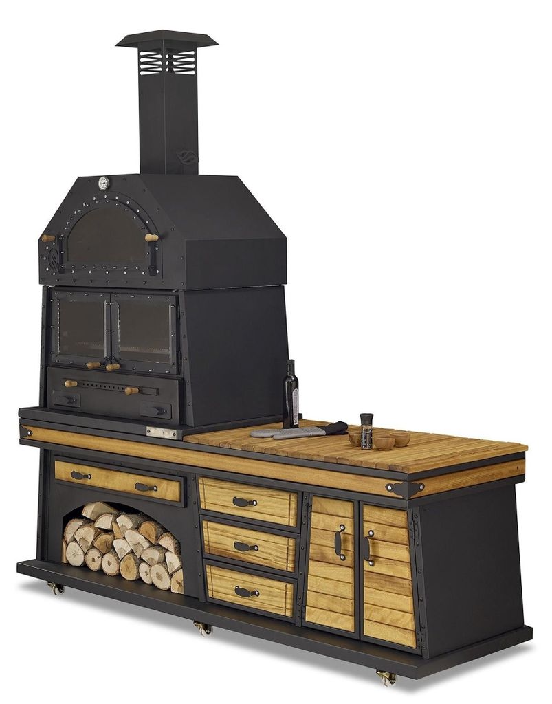 Elegante Außenküche aus Holz und Edelstahl in Schwarz