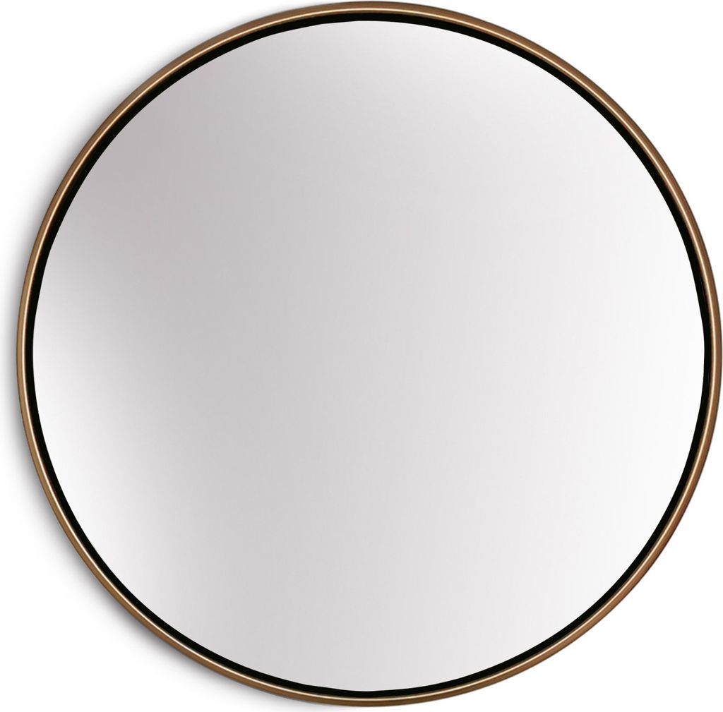 A round mirror with a gold frame.