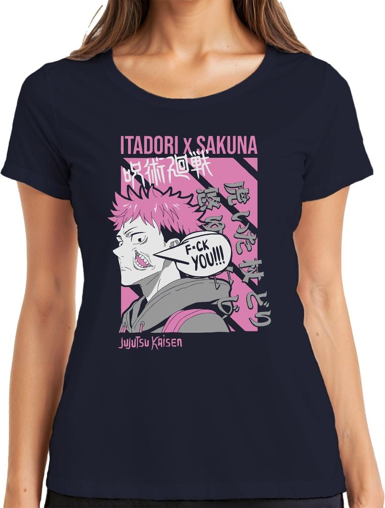 FUCK YOU Jujutsu Kaisen Itadori Yuji Sakuna Anime Ästhetik Pink Damen T-Shirt, Navy, L