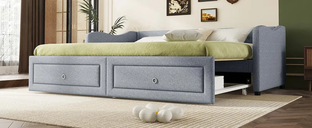 Lit Gigogne 90x200cm Tissu Gris 2 Tiroirs pour Gain de Place Malin